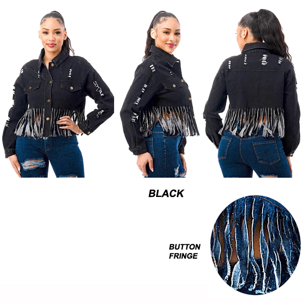 6PC-BUTTON FRINGE DENIM LONG SLEEEVE JACKET(CLA0105-JK9609)