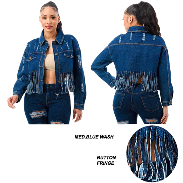 6PC-BUTTON FRINGE DENIM LONG SLEEEVE JACKET(CLA0105-JK9609)