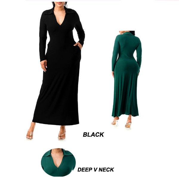 6PC-LONG SLEEVES DEEP V NECK TURN DOWN DRESS(CLA0124-D20467)