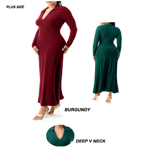 6PC/PLUS SIZE-LONG SLEEVES DEEP V NECK DRESS(CLA0125-D20467X)