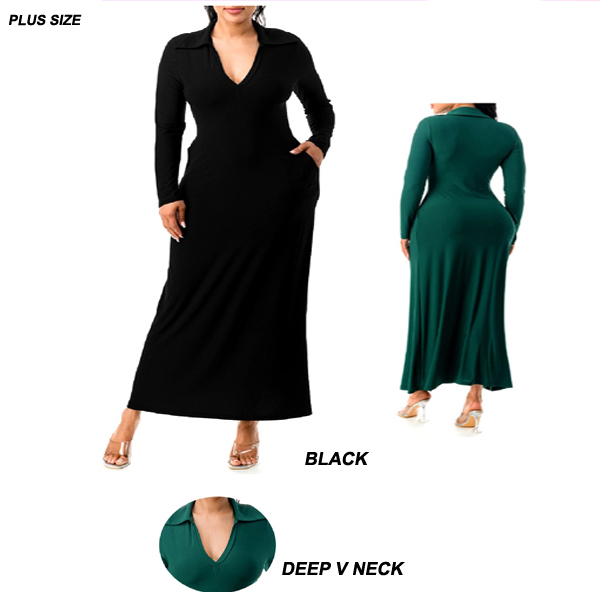 6PC/PLUS SIZE-LONG SLEEVES DEEP V NECK DRESS(CLA0125-D20467X)