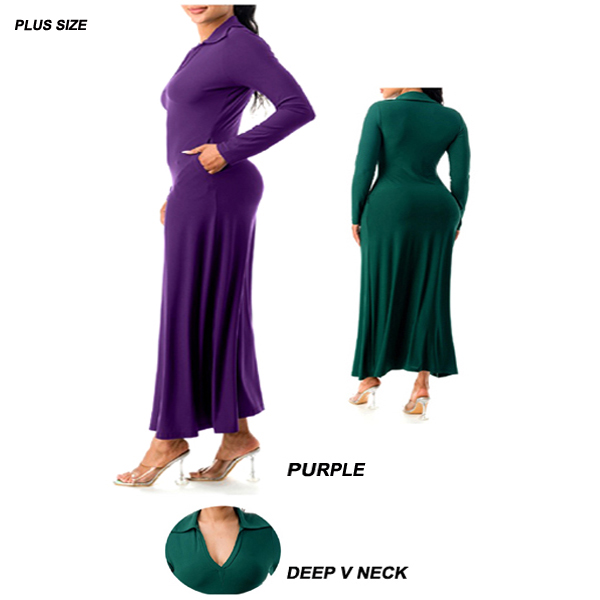 6PC/PLUS SIZE-LONG SLEEVES DEEP V NECK DRESS(CLA0125-D20467X)