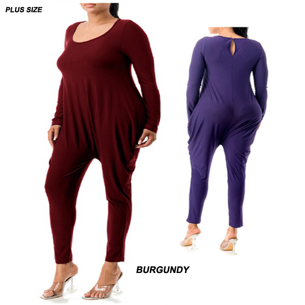 6PC/PLUS SIZE-PLAIN LONG SLEEVE HAREM JUMPSUIT(CLA0127-JP2029X)