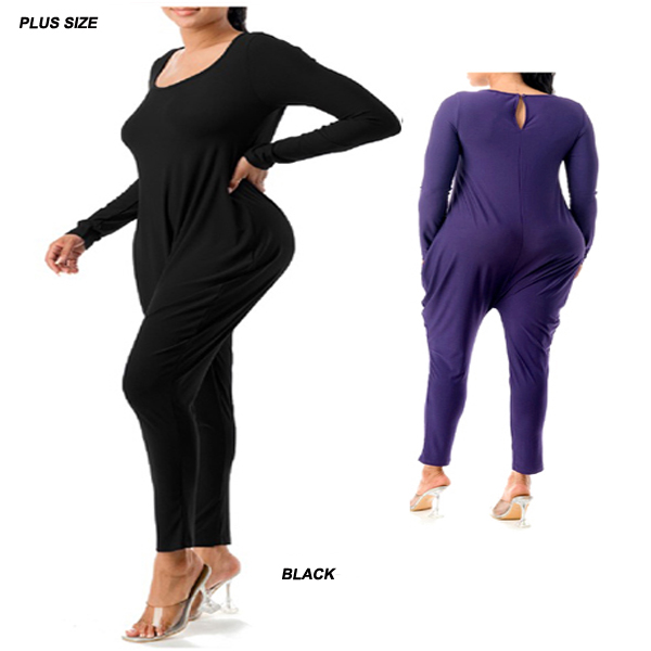 6PC/PLUS SIZE-PLAIN LONG SLEEVE HAREM JUMPSUIT(CLA0127-JP2029X)