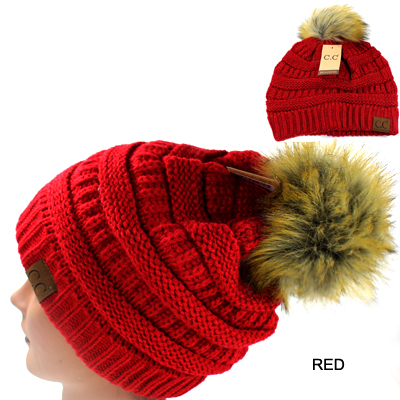 DZ-C.C SOLID RIBBED BEANIE/FUR POMPOM HAT(CP0001-HAT43)