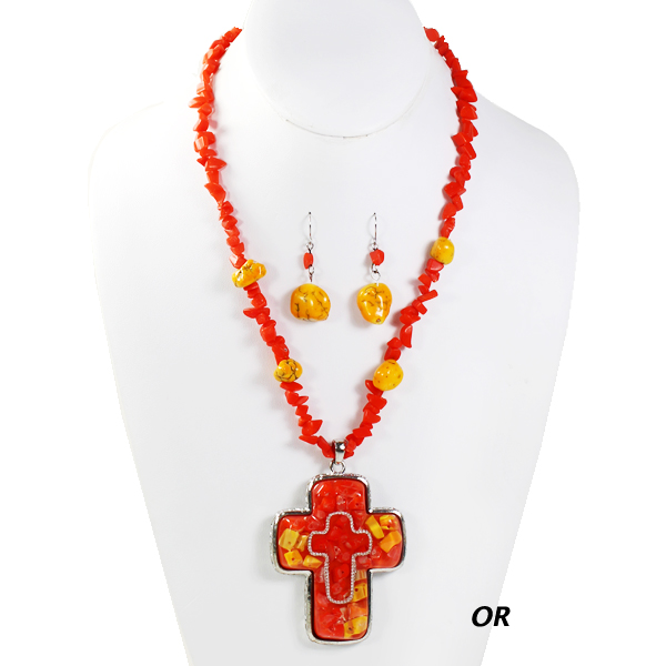 FASHION COLOR STONE CROSS NK SET18"(NT1089-LNE764)